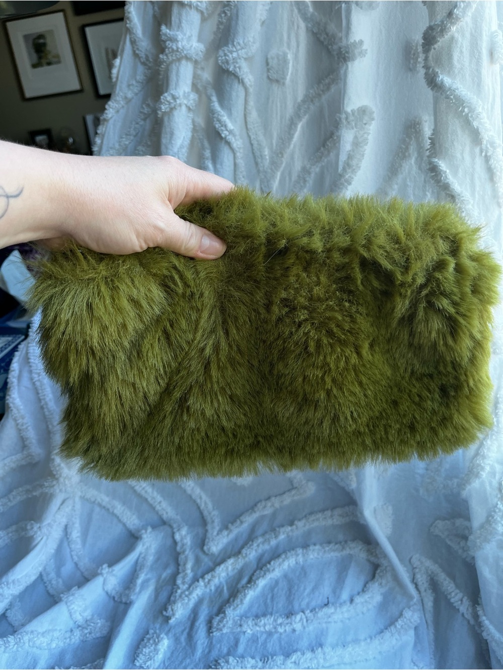Jeannie Lottie Plush Olive Green Faux Fur Clutch